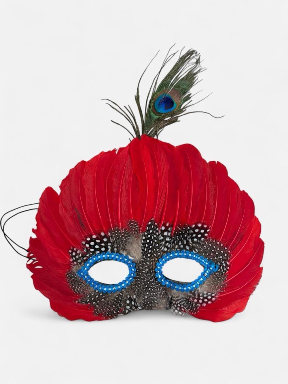 Red Feathered Masquerade Mask with Blue Ribbon Eye Outline and Peacock Feather